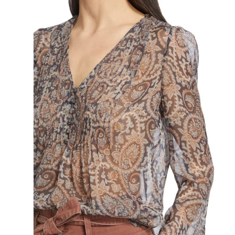 Veronica Beard Lowell Paisley Pin Tuck Long Sleeve Sheer Blouse Size 12 EUC - Picture 13 of 14